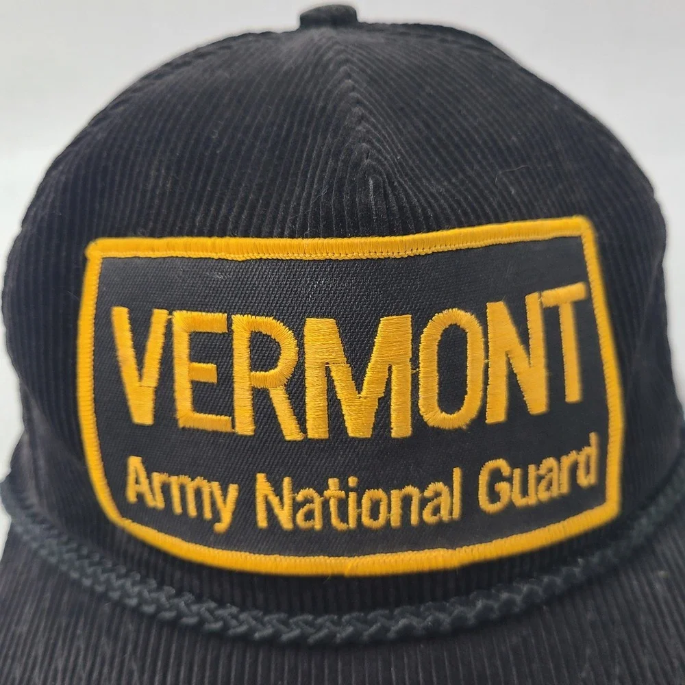 Vintage Vermont Army National Guard Hat Snapback Black Yellow Rope Corduroy Men